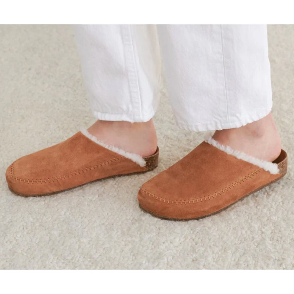 Jenni Kayne Clog Suede Shearling-Lined Moc Camel Brown Cream Slide Size 38